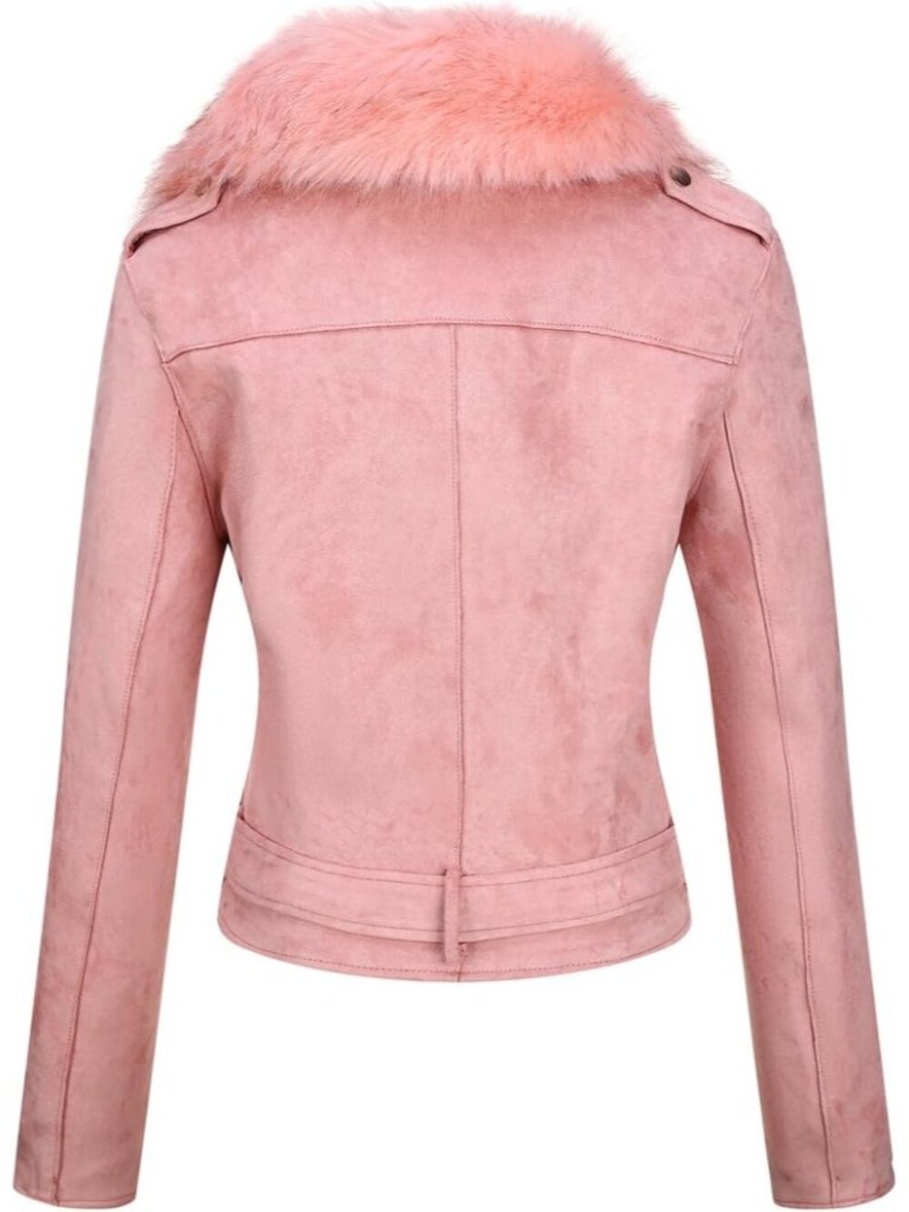 〽️Pink Women's Faux Leather Biker Jacket Faux Fur Collar Zip Up Coat - Picture 4 of 6